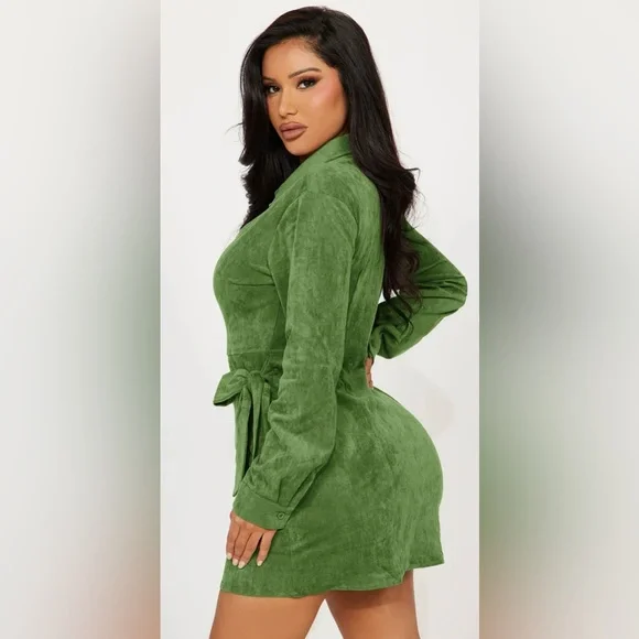 NWT - Fashion Nova “Working Hard” Suede Wrap Mini Dress – Green 💚 - Picture 2 of 7